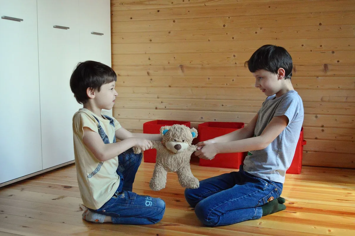 Dos niños arrodillados tirando cada uno de un peluche en la habitación